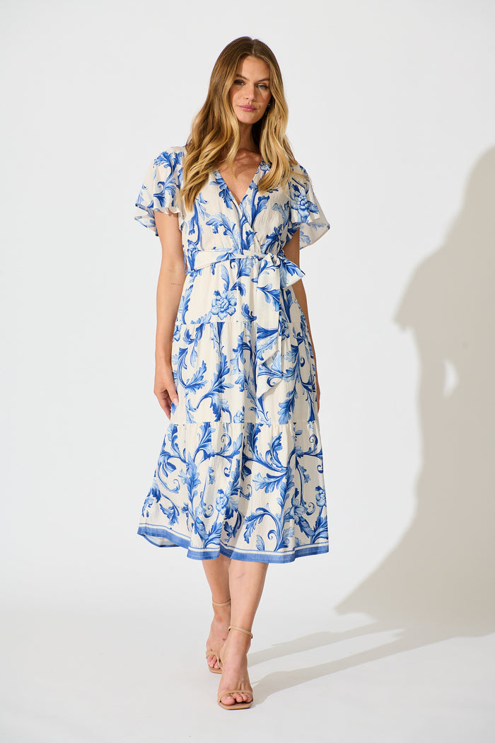 Annalyse Midi Dress in White with Blue Floral full length