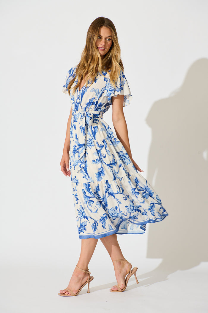 Annalyse Midi Dress in White with Blue Floral side