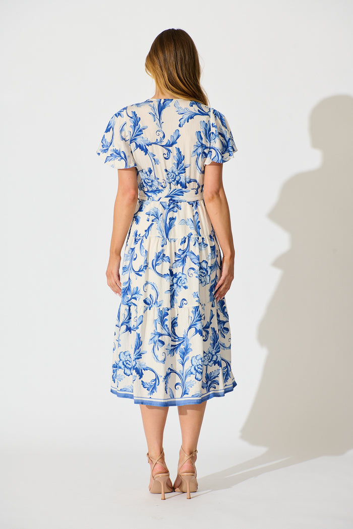 Annalyse Midi Dress in White with Blue Floral back