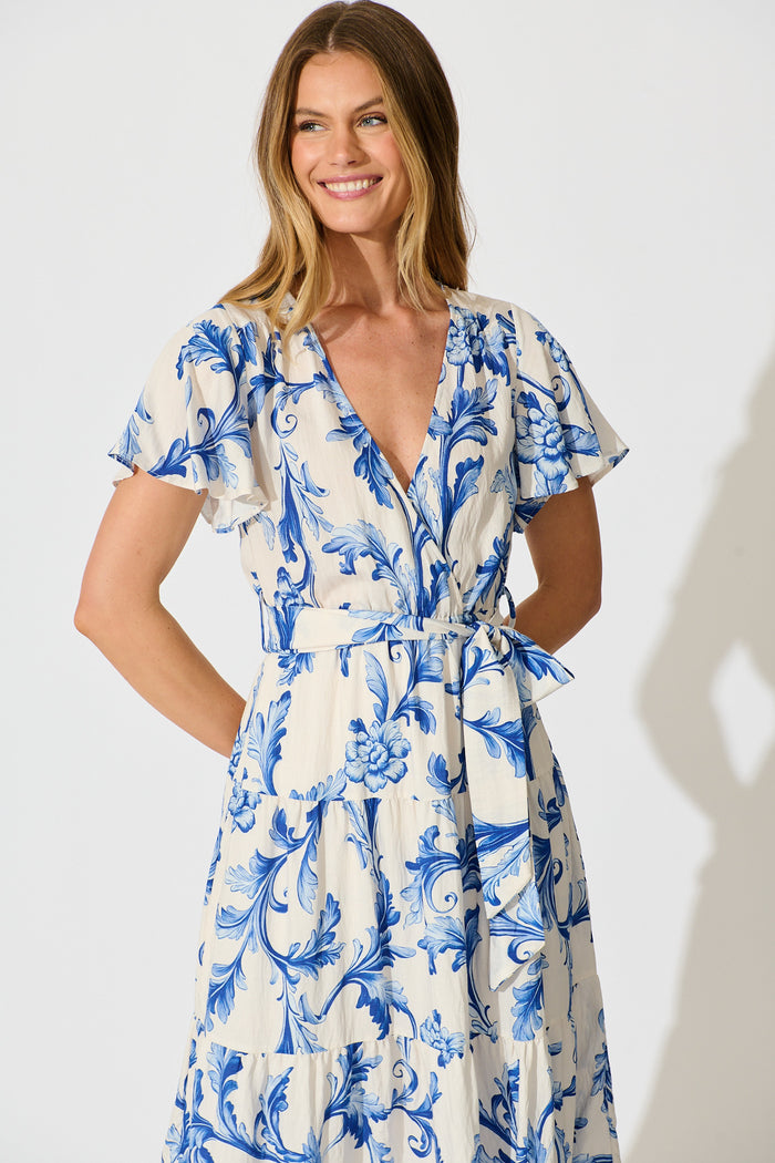 Annalyse Midi Dress in White with Blue Floral front