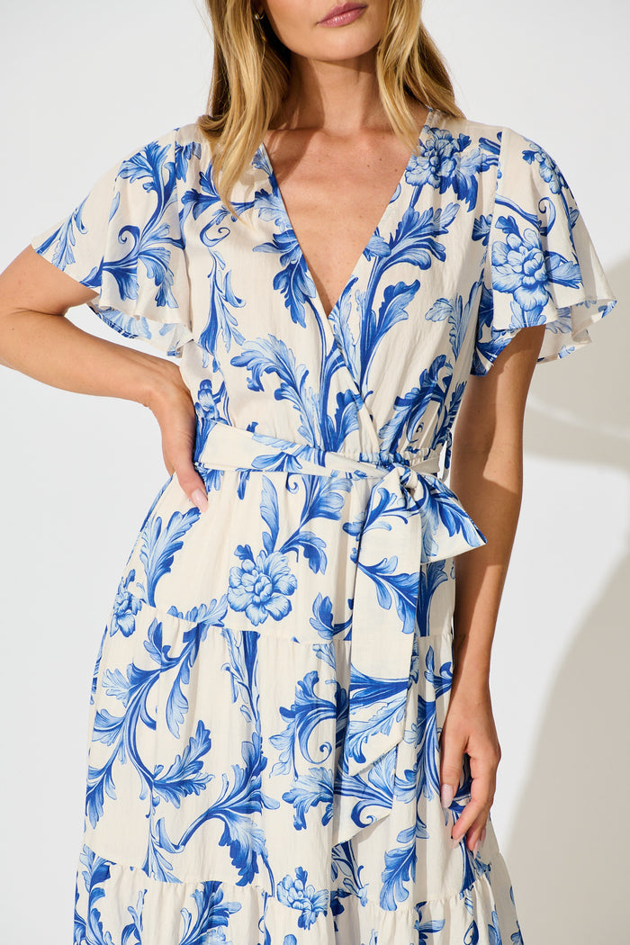 Annalyse Midi Dress in White with Blue Floral detail