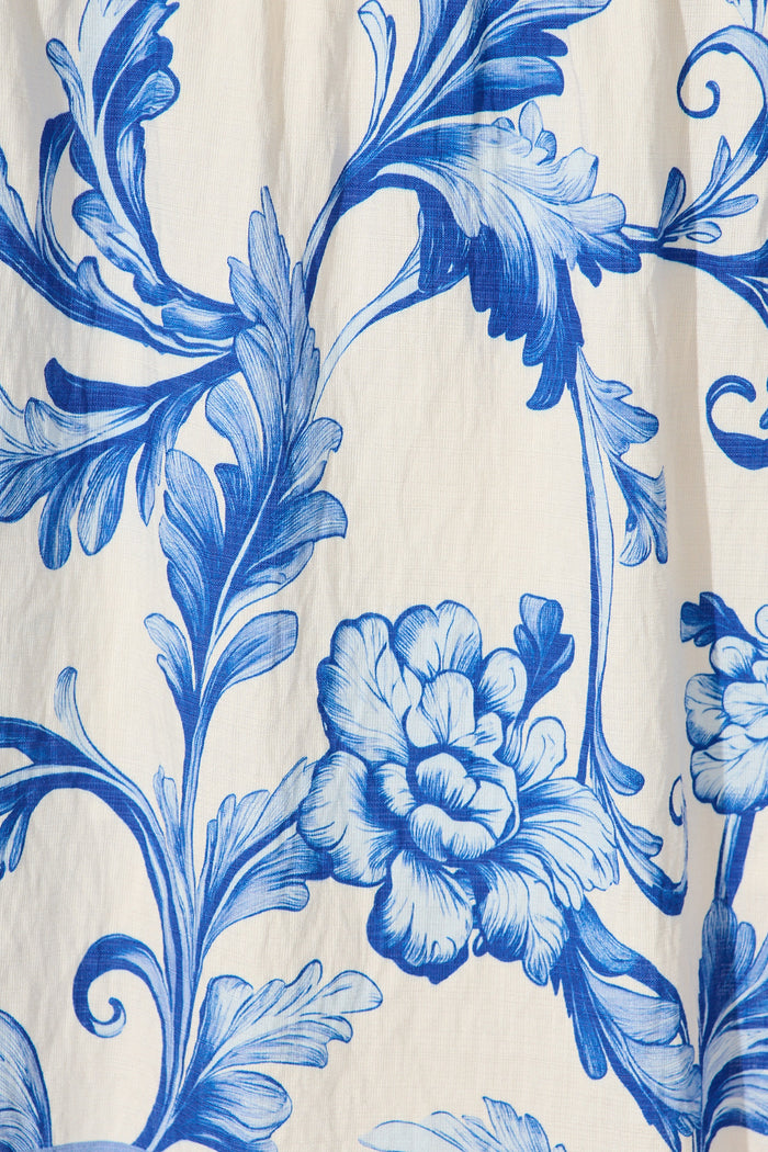 Annalyse Midi Dress in White with Blue Floral fabric