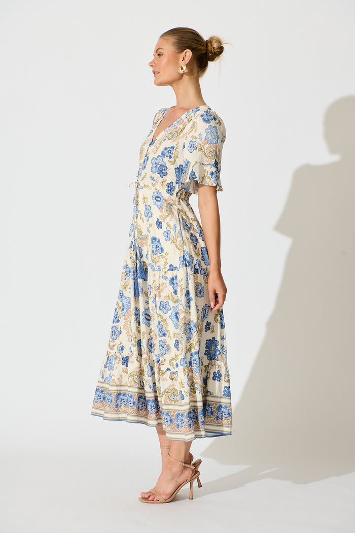 Alessa Maxi Dress in White with Blue Floral side