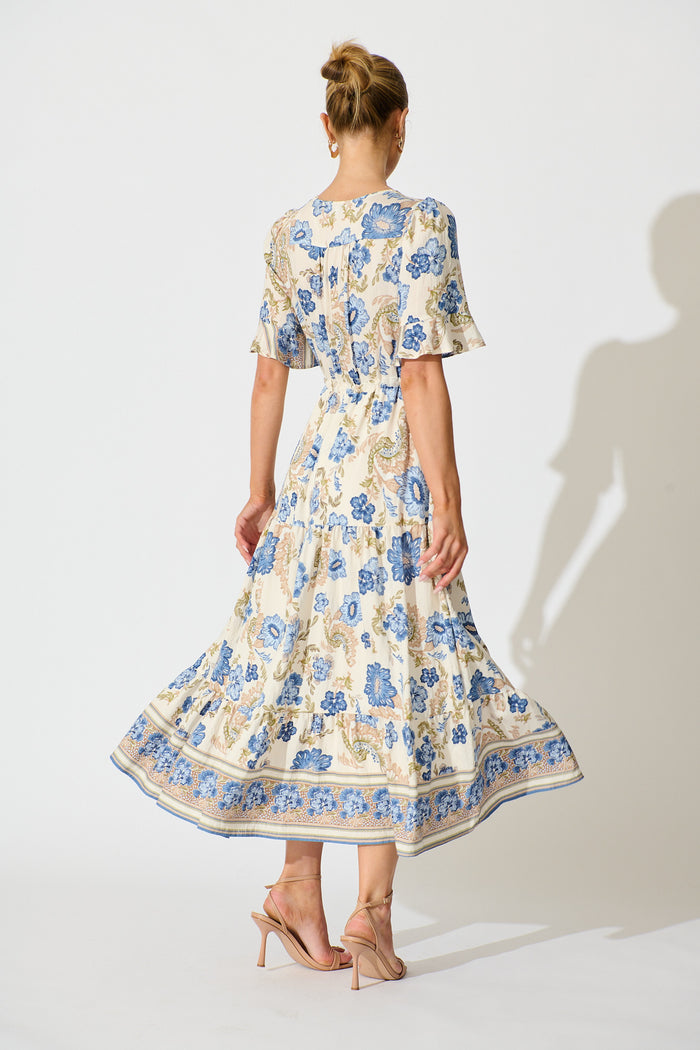 Alessa Maxi Dress in White with Blue Floral back