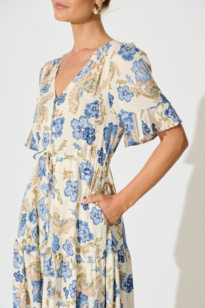 Alessa Maxi Dress in White with Blue Floral detail
