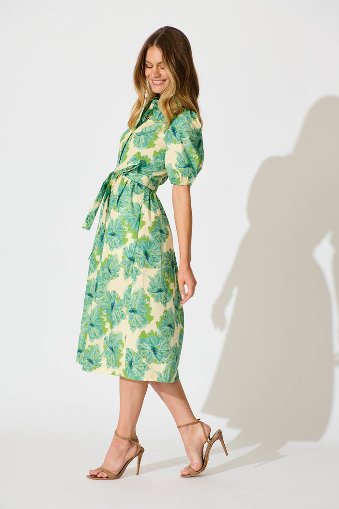 Arleth Midi Dress in Green Floral Print Cotton St Frock Arleth Midi Dress in Green Floral Print Cotton St Frock