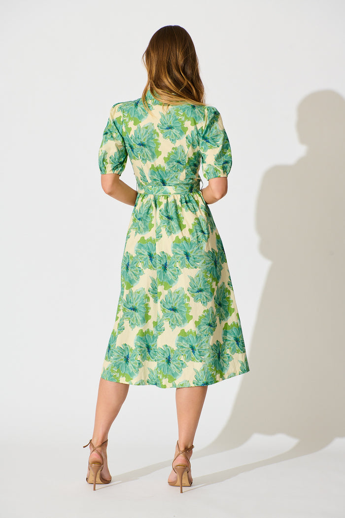 Arleth Midi Dress in Green Floral Print Cotton St Frock Arleth Midi Dress in Green Floral Print Cotton St Frock