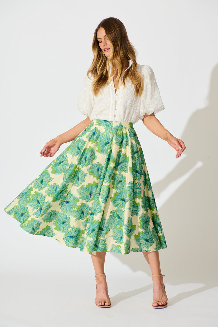 Sunlit Petals Midi Skirt in Green Floral Print Cotton full length