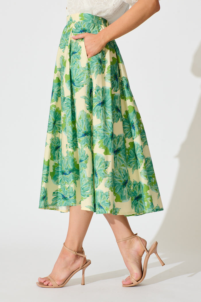 Sunlit Petals Midi Skirt in Green Floral Print Cotton side