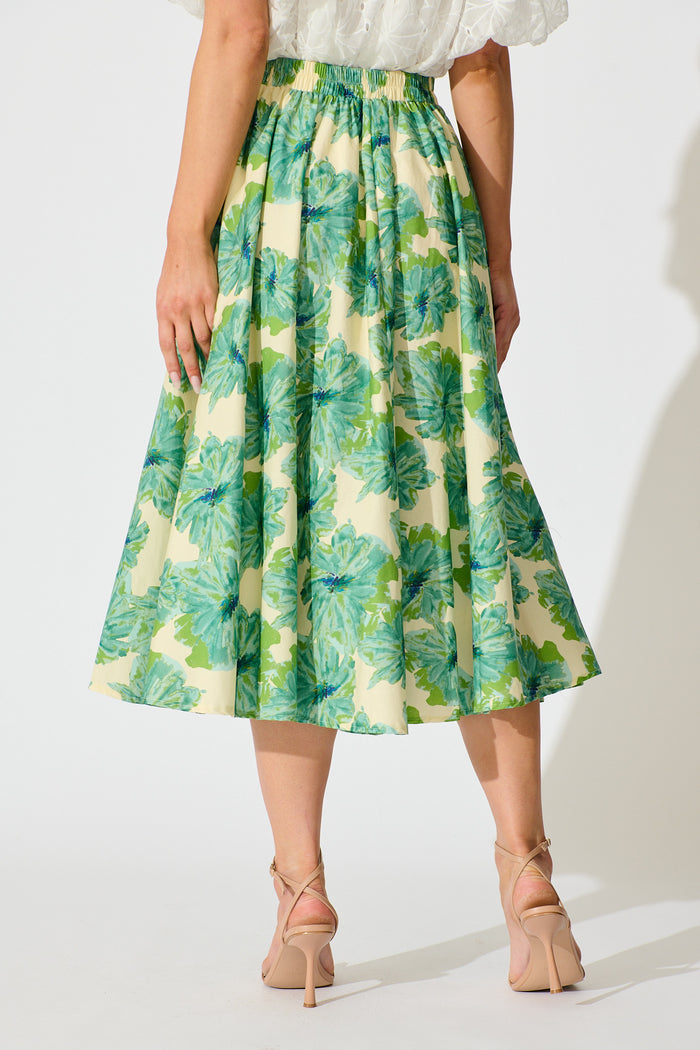 Sunlit Petals Midi Skirt in Green Floral Print Cotton back