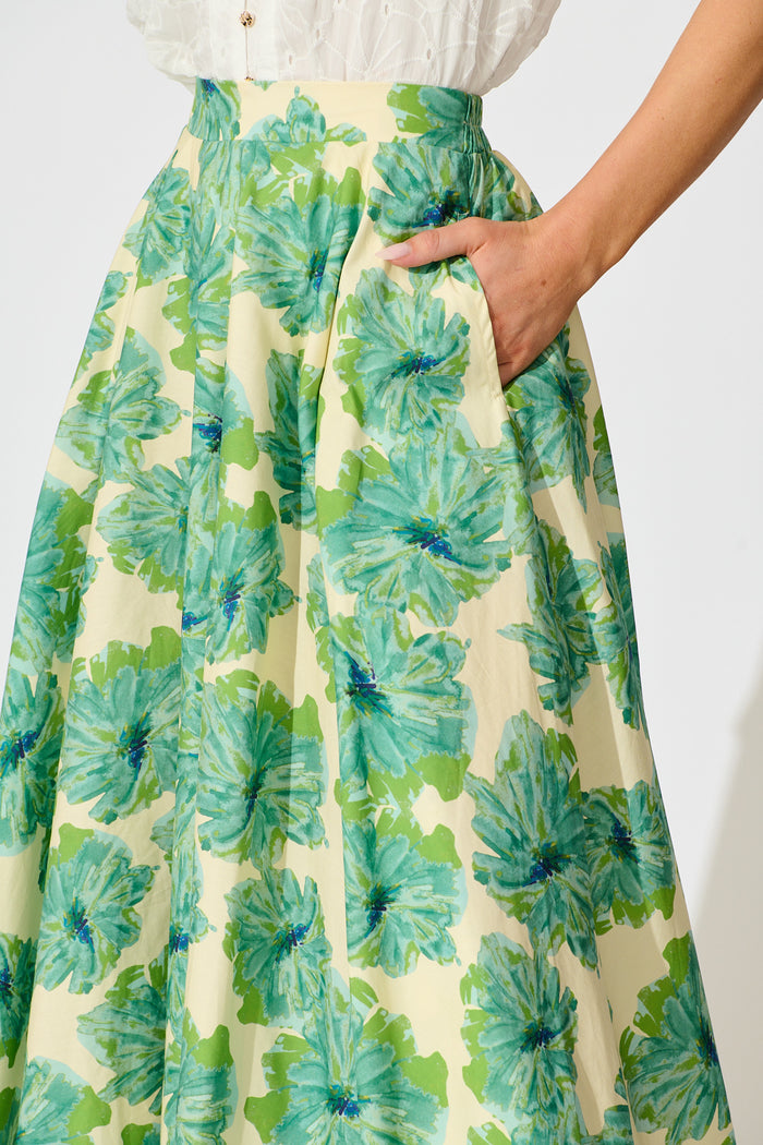 Sunlit Petals Midi Skirt in Green Floral Print Cotton detail
