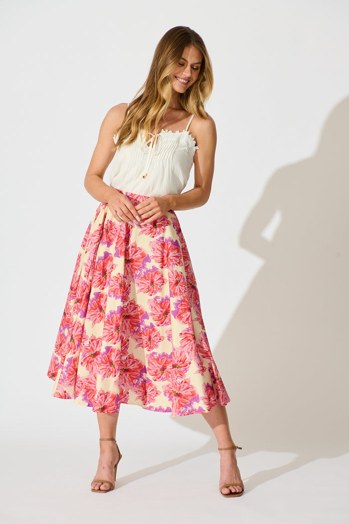 Sunlit Petals Midi Skirt in Pink Floral Print Cotton full length