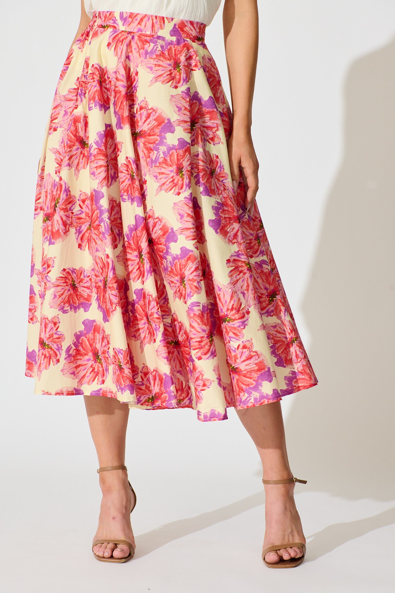 Sunlit Petals Midi Skirt in Pink Floral Print Cotton front