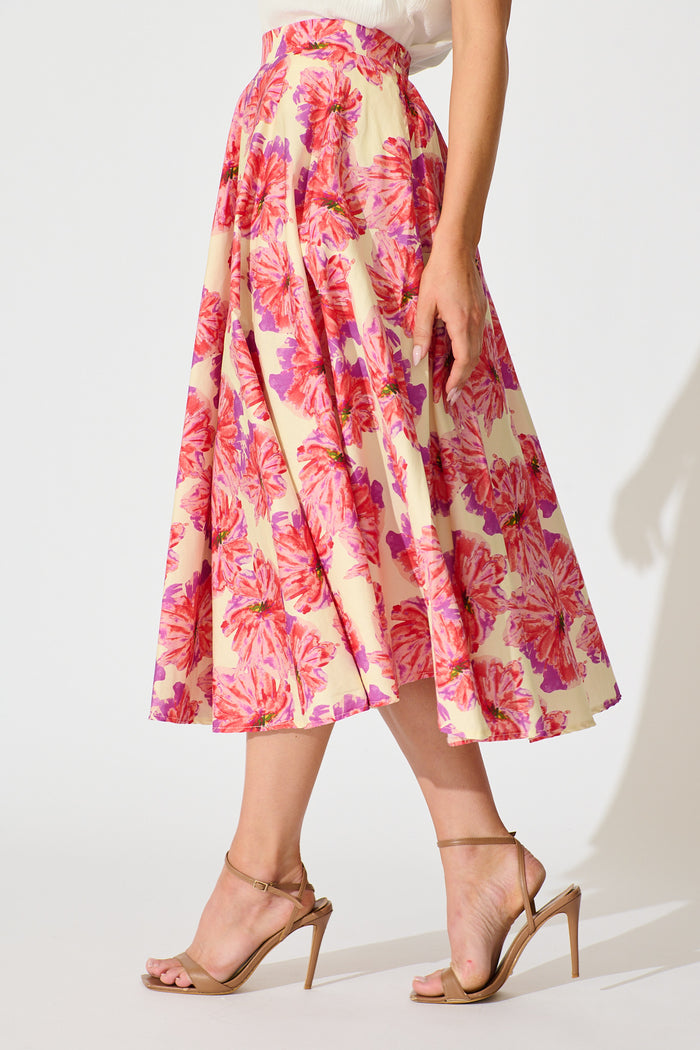 Sunlit Petals Midi Skirt in Pink Floral Print Cotton side