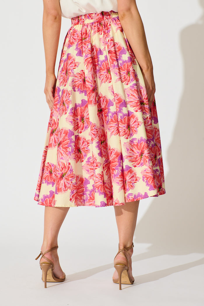 Sunlit Petals Midi Skirt in Pink Floral Print Cotton back