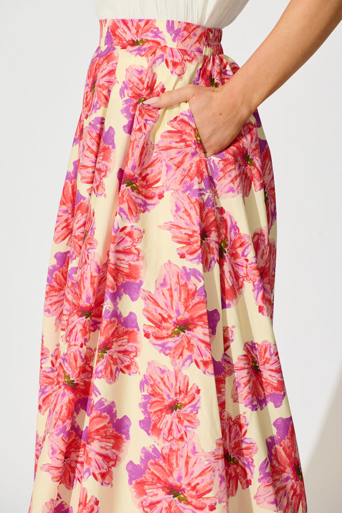 Sunlit Petals Midi Skirt in Pink Floral Print Cotton detail