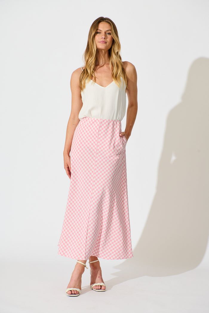 Amor Maxi Skirt in Pink and White Gingham Cotton full length