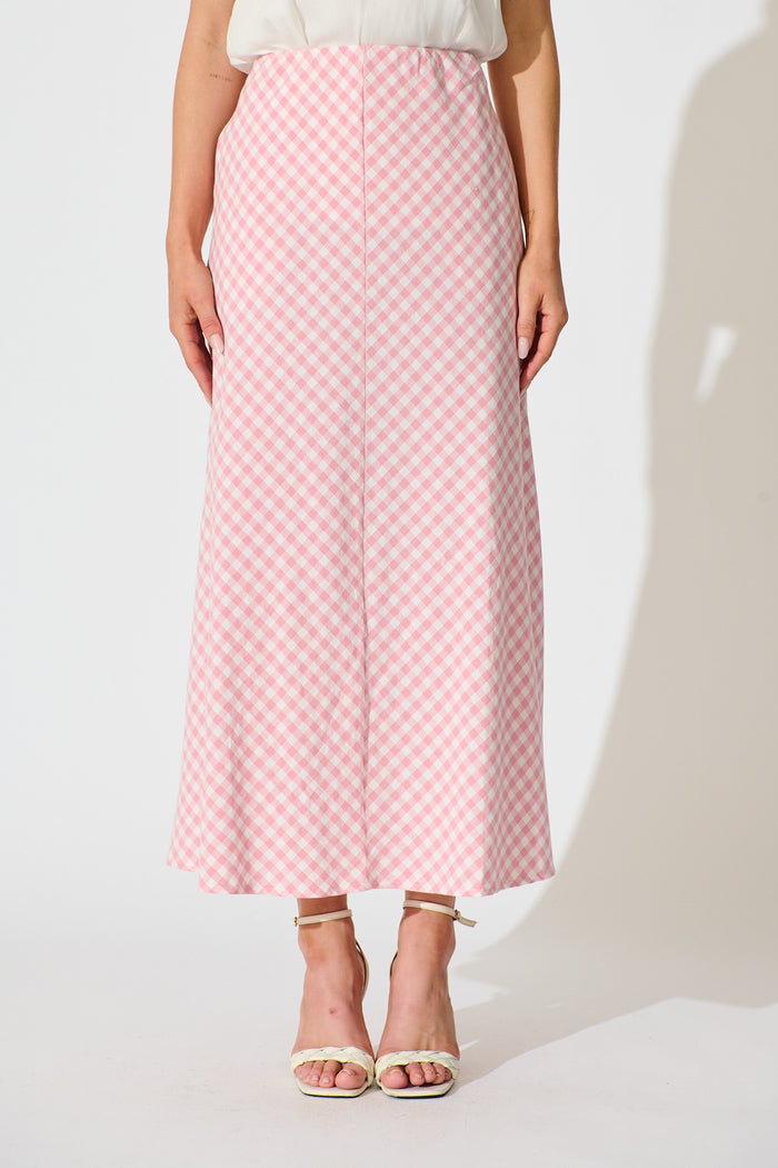 Amor Maxi Skirt in Pink and White Gingham Cotton front