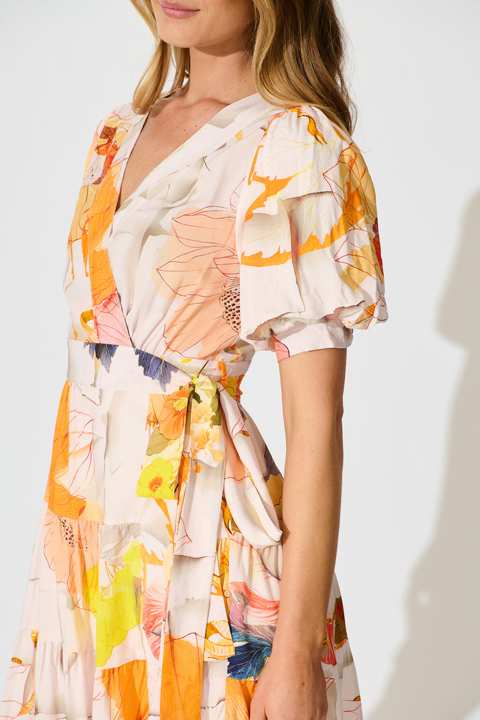 Katarina Wrap Dress in Orange Multi Floral detail