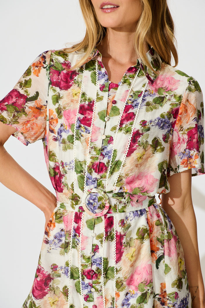 Luciana Shirt Dress in White with Multi Floral Print detail