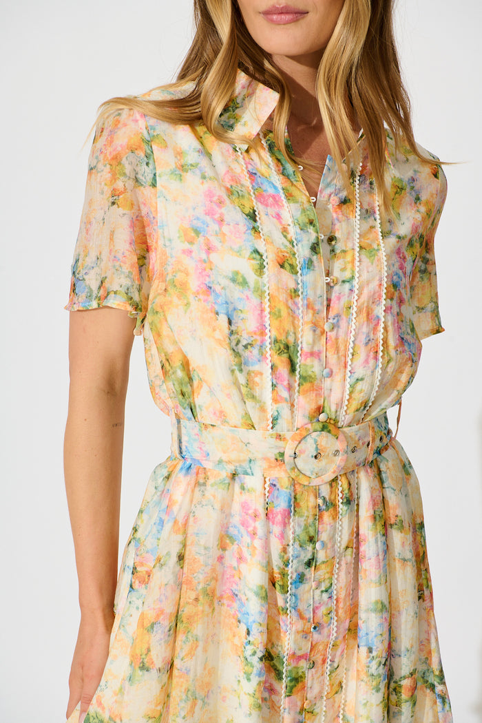 Luciana Shirt Dress in Multi Watercolour Floral detail