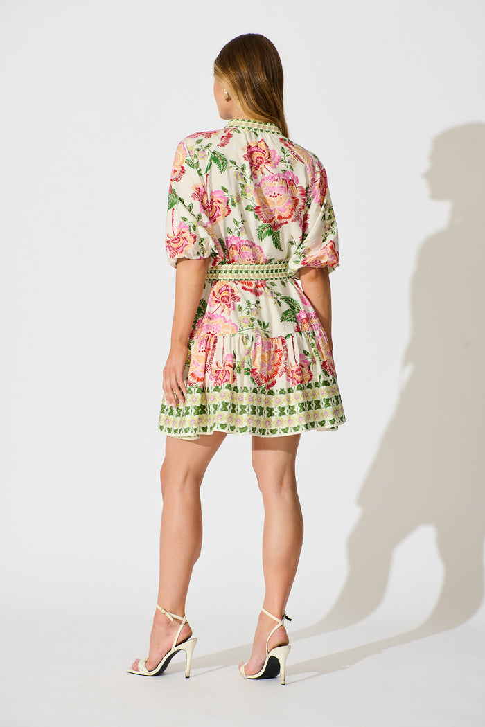 Sicilian Tile Dress in Cream with Multi Floral back