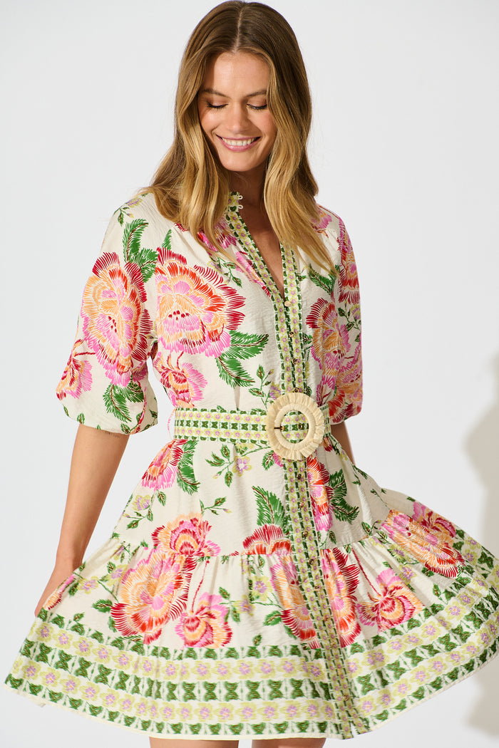 Sicilian Tile Dress in Cream with Multi Floral front