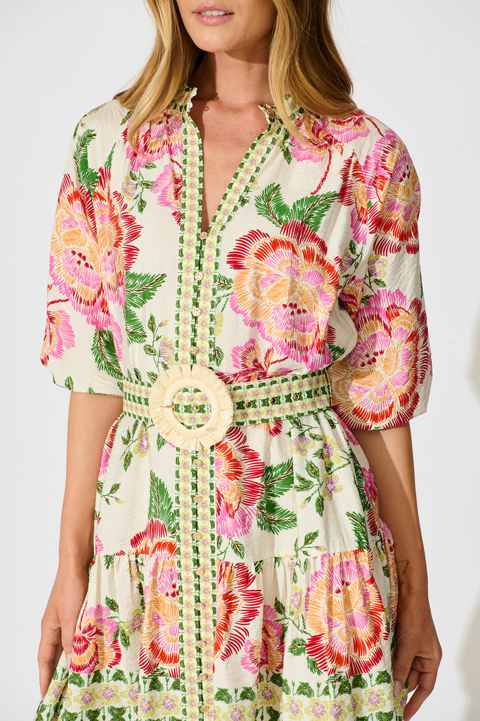 Sicilian Tile Dress in Cream with Multi Floral detail