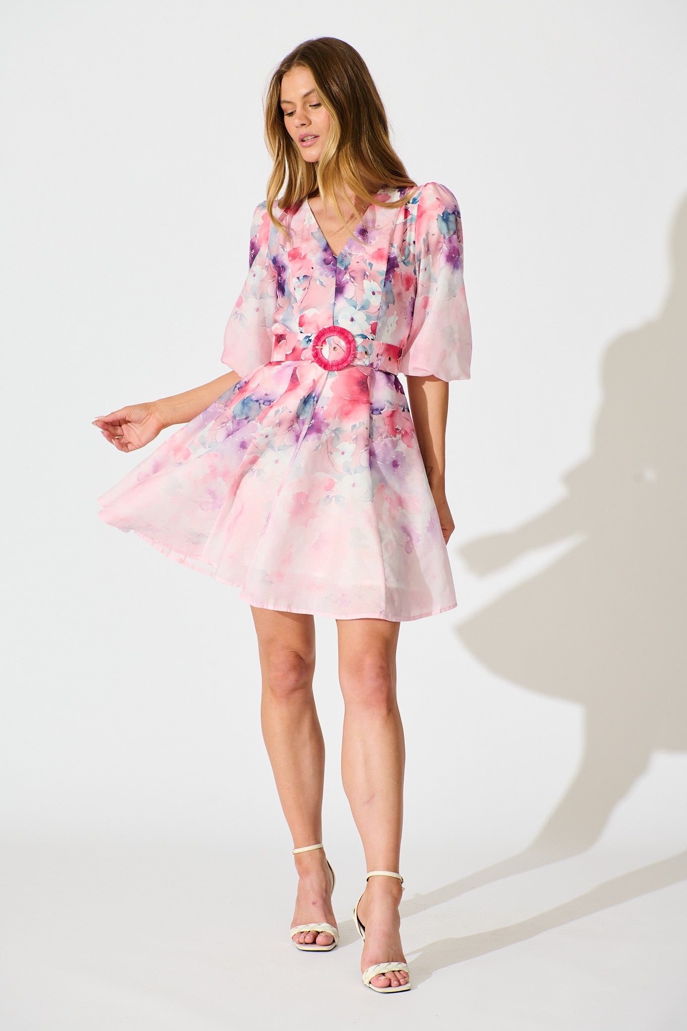 Floral Rhapsody Dress in Pink with Multi Floral Cotton Blend full length