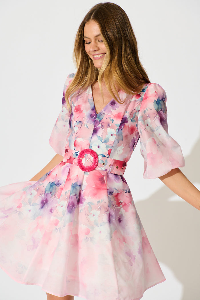 Floral Rhapsody Dress in Pink with Multi Floral Cotton Blend front
