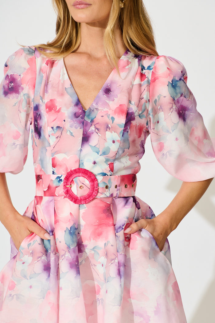 Floral Rhapsody Dress in Pink with Multi Floral Cotton Blend detail