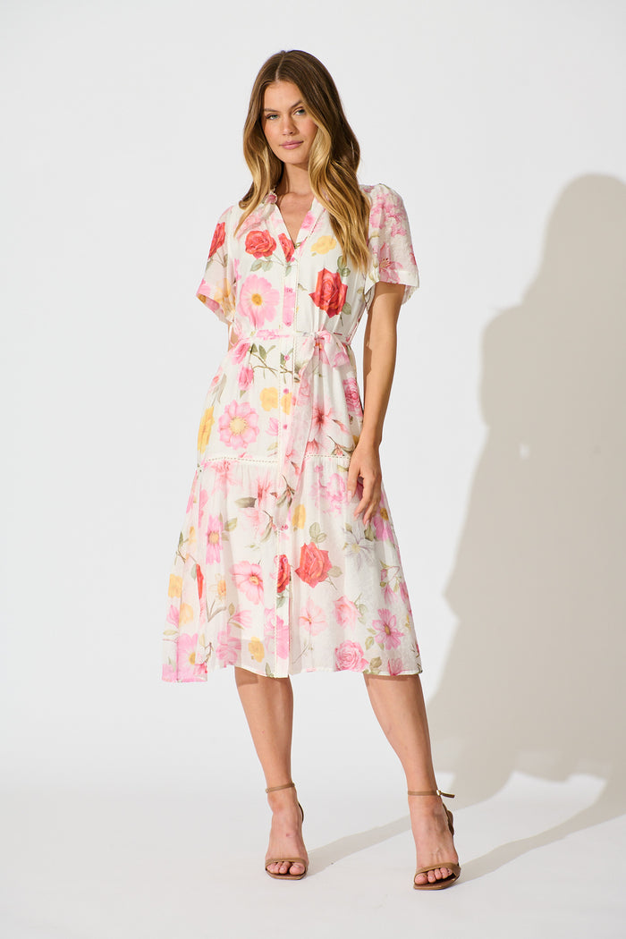 Celene Midi Dress in White with Blush Floral full length