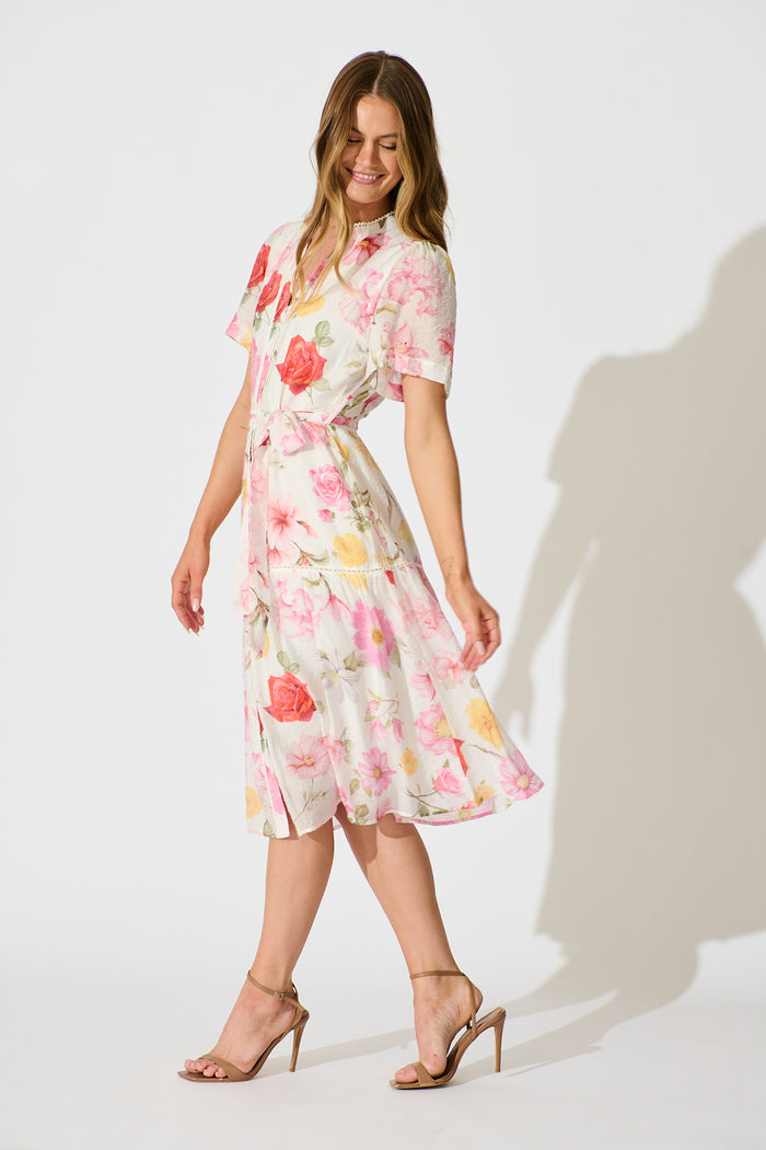 Celene Midi Dress in White with Blush Floral side
