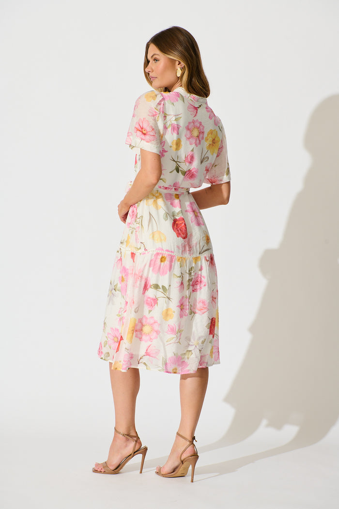 Celene Midi Dress in White with Blush Floral back