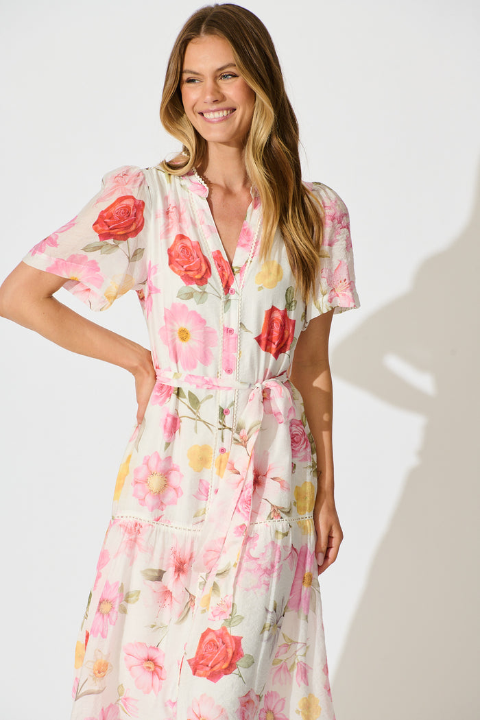 Celene Midi Dress in White with Blush Floral front
