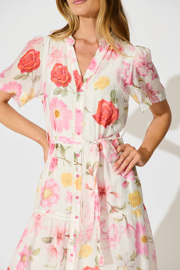 Celene Midi Dress in White with Blush Floral detail