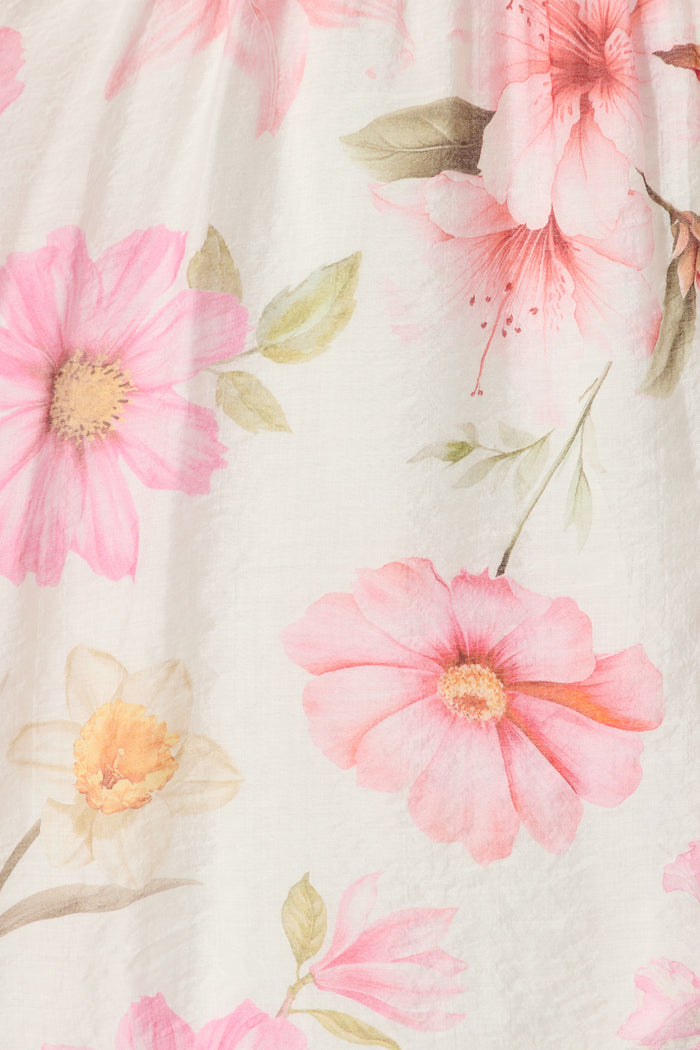 Celene Midi Dress in White with Blush Floral fabric