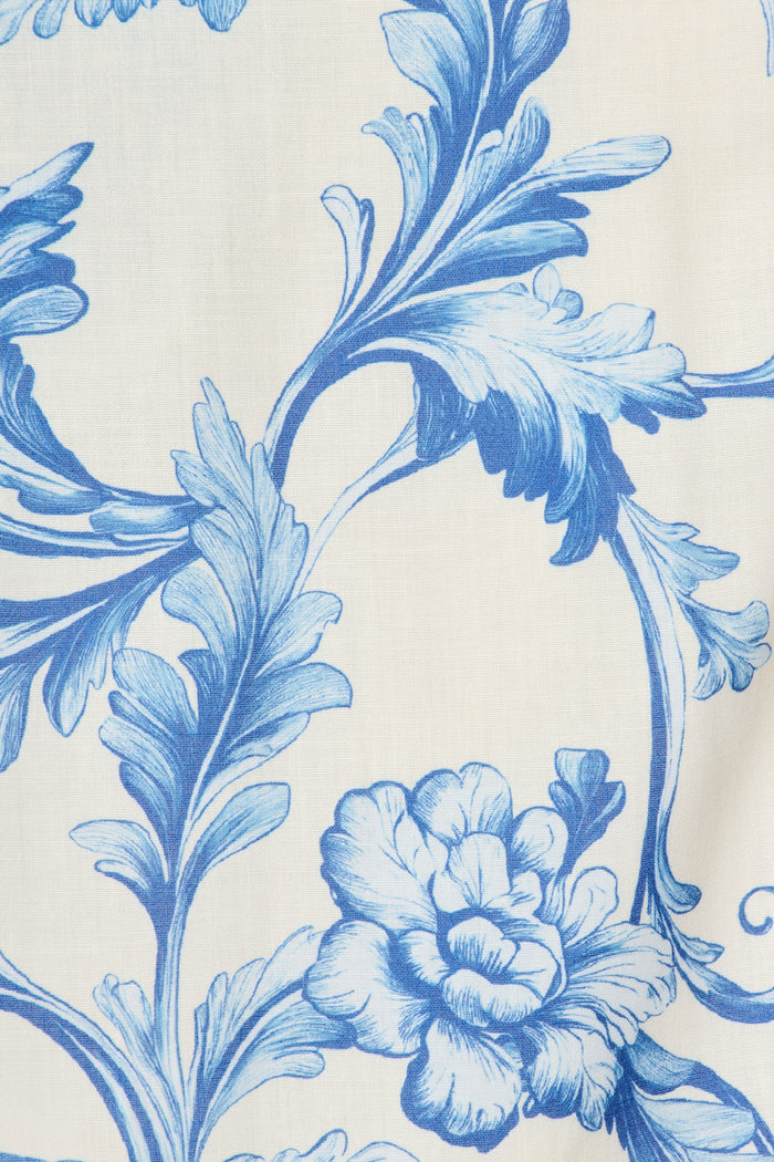 Sabina Shirt Dress in White with Blue Floral Linen Blend fabric