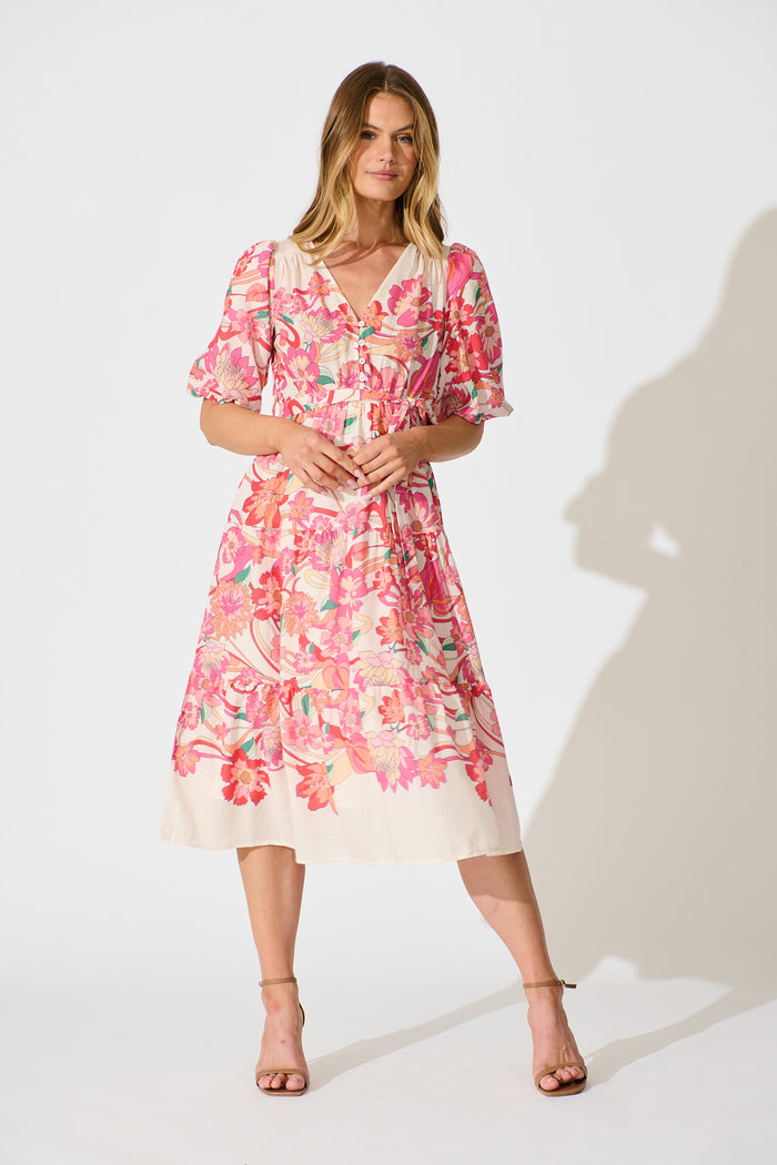 Peni Midi Dress in Cream with Pink Multi Floral Linen Blend full length