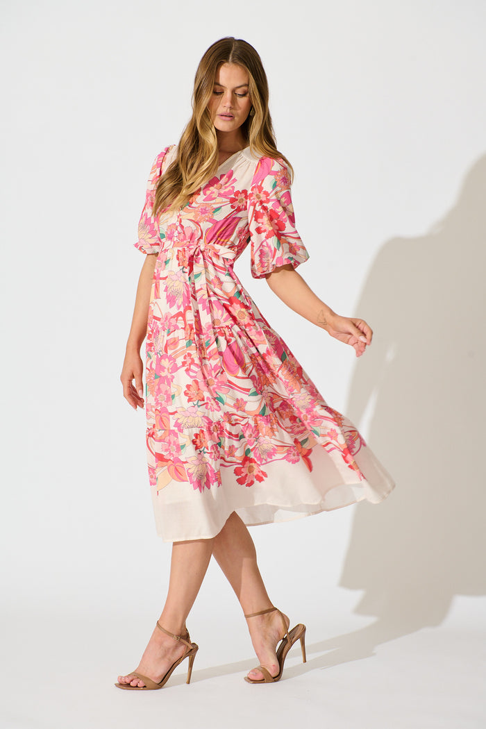 Peni Midi Dress in Cream with Pink Multi Floral Linen Blend side