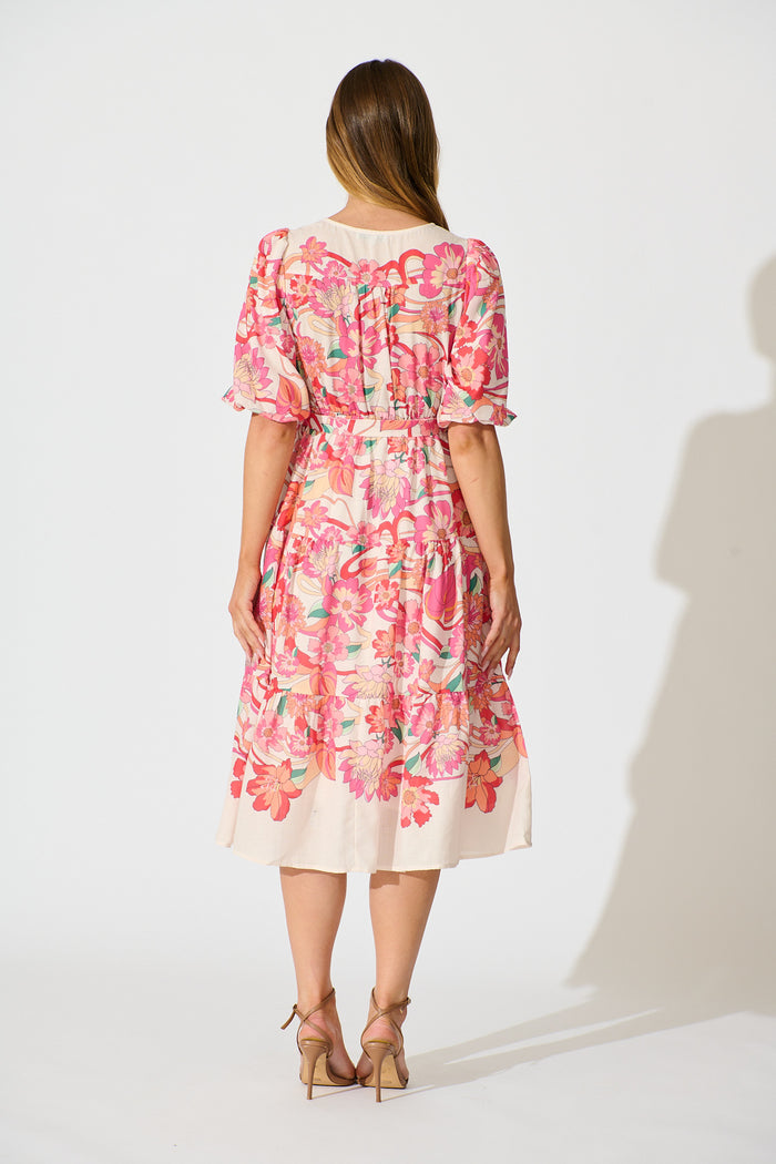 Peni Midi Dress in Cream with Pink Multi Floral Linen Blend back