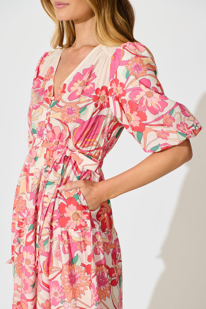 Peni Midi Dress in Cream with Pink Multi Floral Linen Blend detail