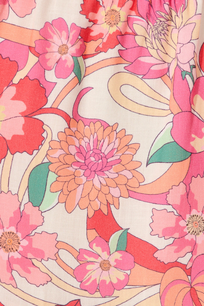 Peni Midi Dress in Cream with Pink Multi Floral Linen Blend fabric