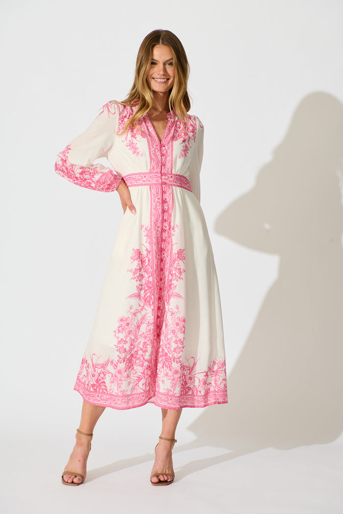 Evilia Maxi Dress in Cream with Pink Floral Linen Blend full length