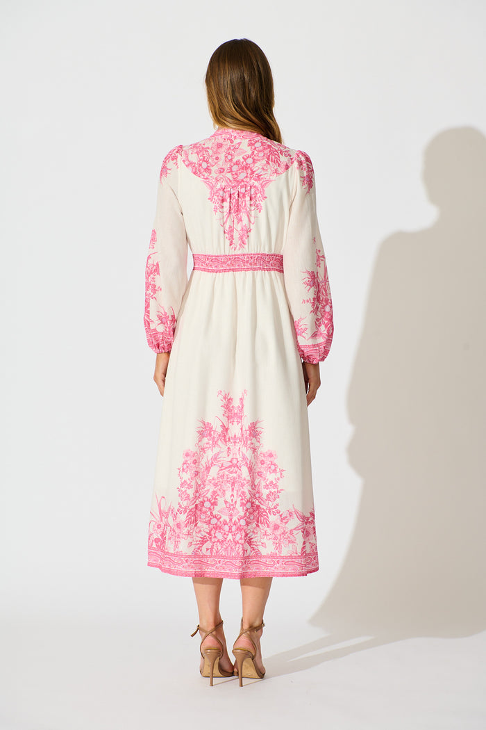 Evilia Maxi Dress in Cream with Pink Floral Linen Blend back