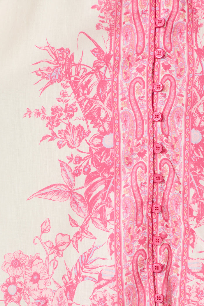 Evilia Maxi Dress in Cream with Pink Floral Linen Blend fabric
