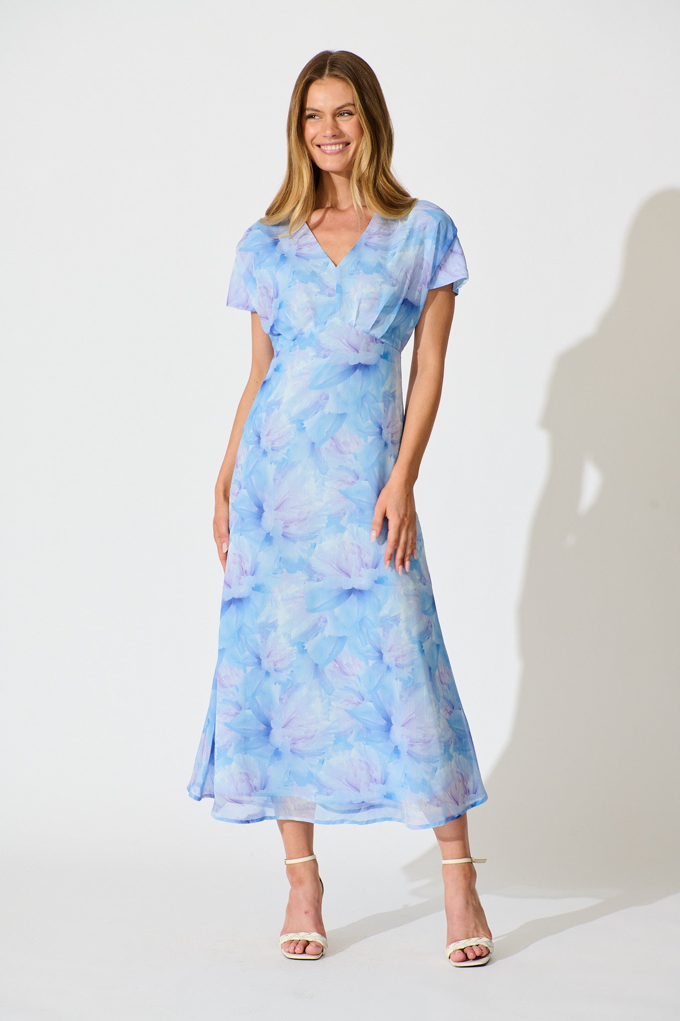 Maelis Maxi Dress in Blue Floral Chiffon full length