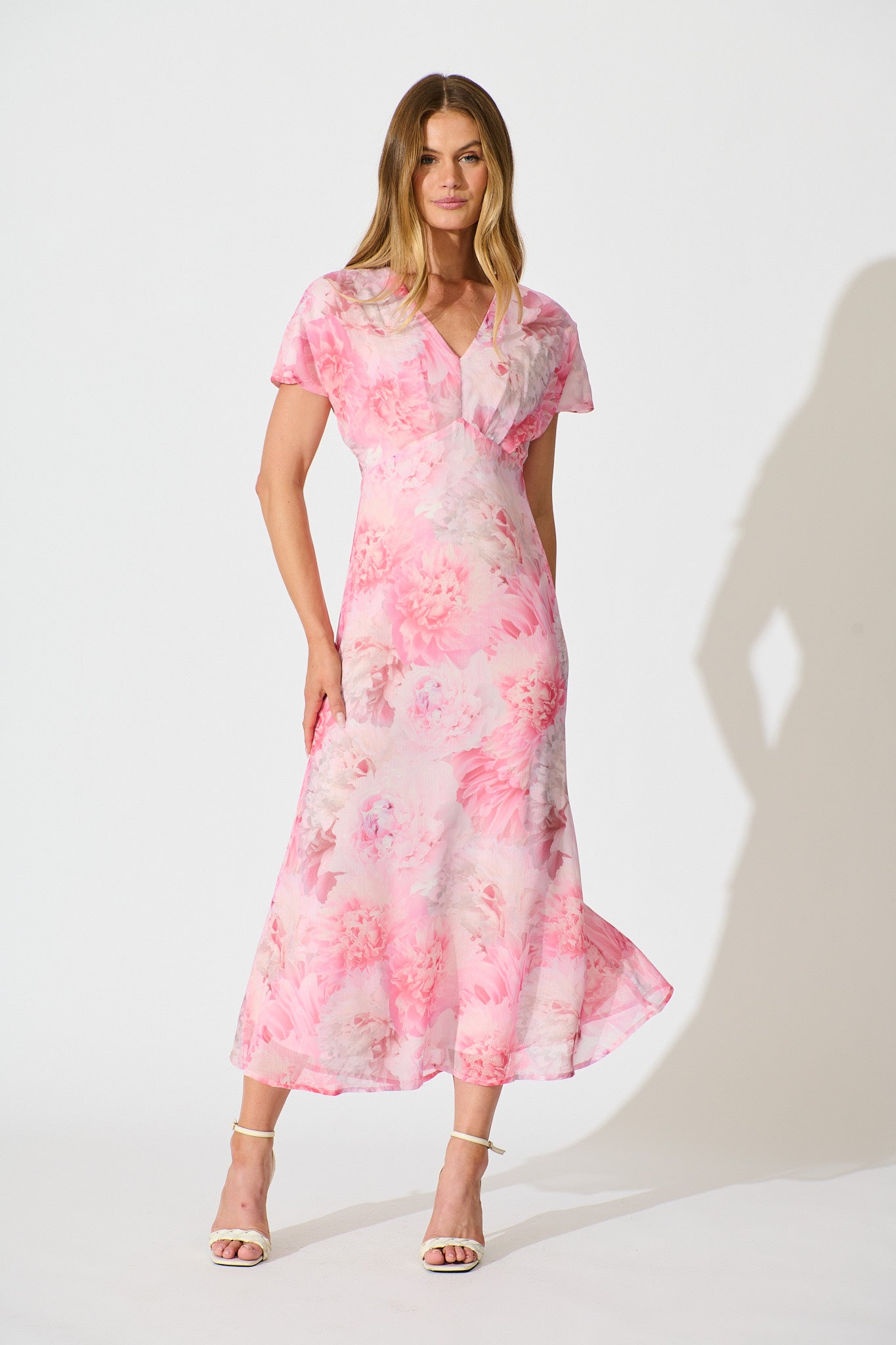 Maelis Maxi Dress in Pink Floral Chiffon full length