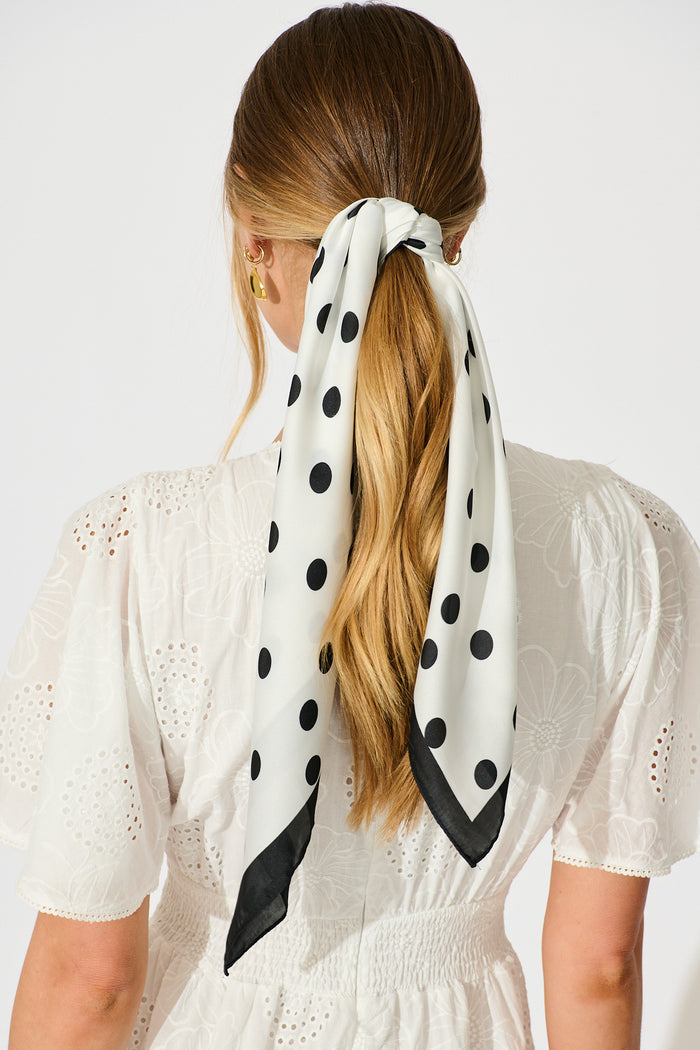 Lana Scarf in Black and White Polkadot Satin on model back