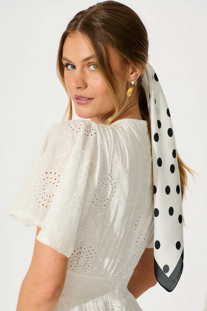 Lana Scarf in Black and White Polkadot Satin on model side